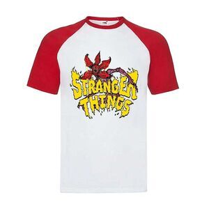 Stranger Things 5 Unisex Adult Demogorgon Comic Logo Baseball T-Shirt / White/Re